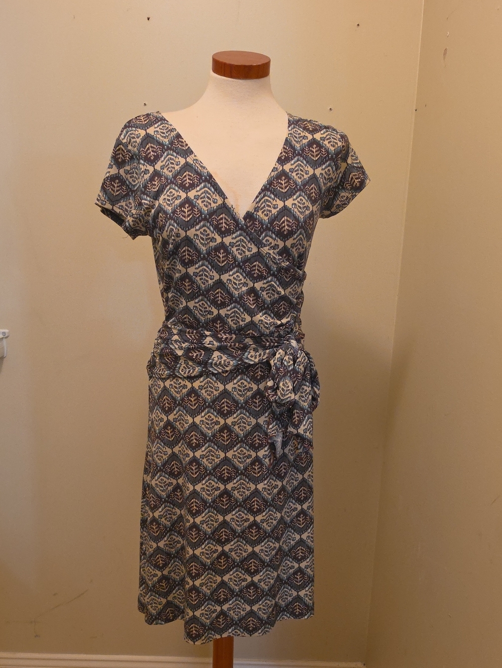 Axcess Olive Brown and Cream Printed Wrap Dress with Tie